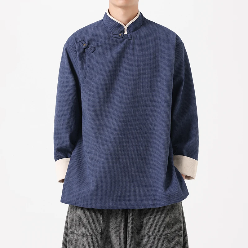 秋冬メンズ中国風ジャケット斜め襟漢服レトロ禅茶店オーナースタンドカラー唐服コート男性
