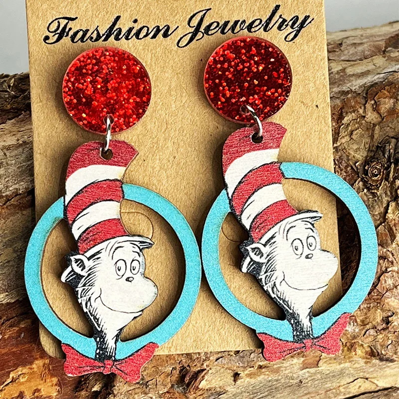 Sparkling red earrings for teachers to read fun gentlemen\'s hats for cats  wooden printed earrings for teachers students jewelry