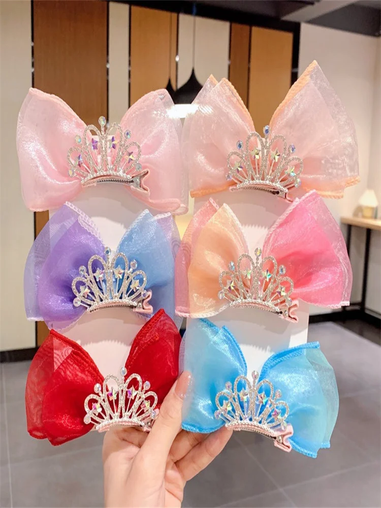 Children Hair Accessories Princess Style Korean Crown Tiara Little Girl Three-Dimensional Mesh Bow Hairpin Wholesale