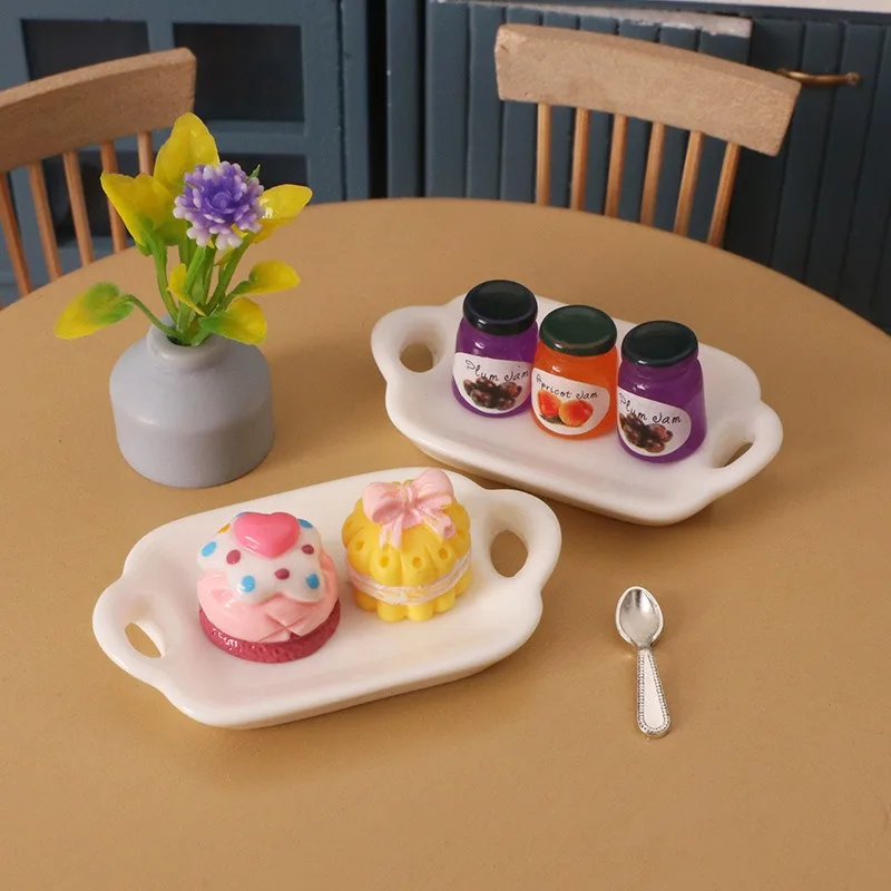 Dollhouse Tray Cake Spoon Jam Cheese 1set Miniature Food Play Simulation Kitchen Scene Decoration Model Home Decor Figurines