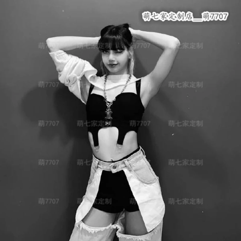 kpop Korean Celebrity Jazz Stage Show Sexy O-neck Short Hoodies Black Slim Vest + Blue Hollow Jeans Elastic Shorts Women Outfits