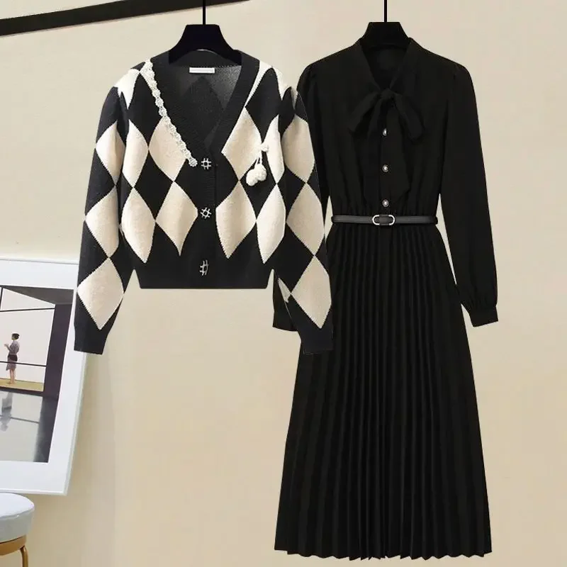 

Women's Spring Autumn Jackets Black Dress 1 or Two Piece Set Lady Graceful Knit Coats Bowknot Dresses Outfit New Clothing Female