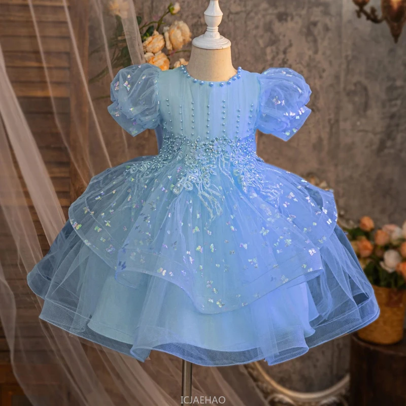 Wed Dress 2024 Pink Kids Evening Gown Costume Children Stage Piano Violin Performance Glitter Dresses New Birthday Party Clothes