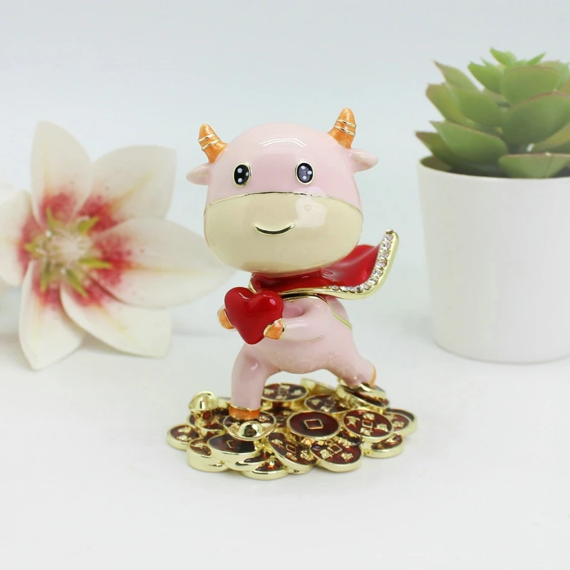 

SHINNYGIFTS Enamel Ox Jewerly Box Hand Painted Hinged Trinket Box Keepsake Storage Box Animal Collectible Home Decor Pink