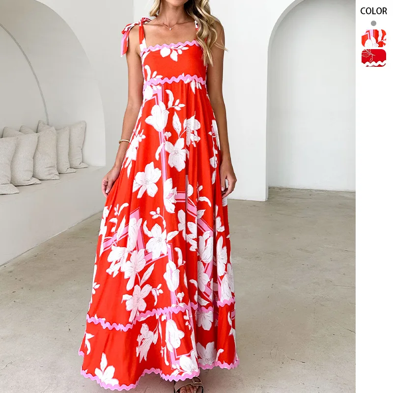 

2025 New Style Small Floral Wave Tie Strap Dress ElegantaWomen's Word Dress