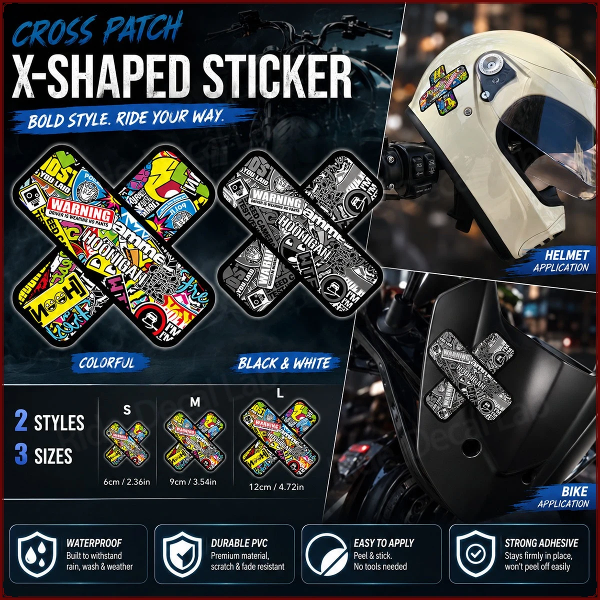 Motorcycle X Shape Cross Patch Sticker Waterproof Graffiti Helmet Decal Strong Adhesive Bike Fuel Tank Decor Sticker S/M/L Size