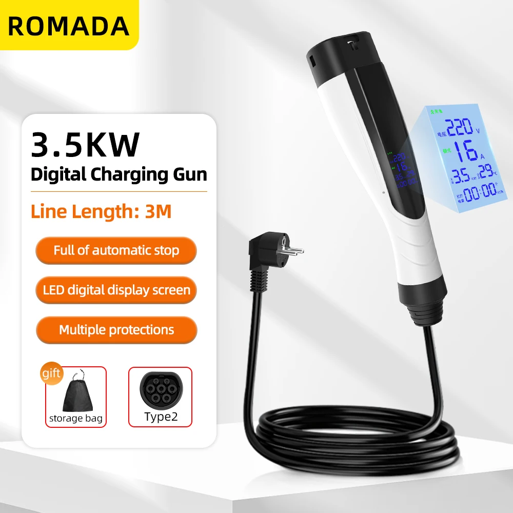 ROMADA NIEUWE 3.5KW 16A Draagbare EV-oplader IP66 Waterdicht met display 3M-10M kabel IEC62196 TYPE2 EVSE EU-stekker Snel opladen CE