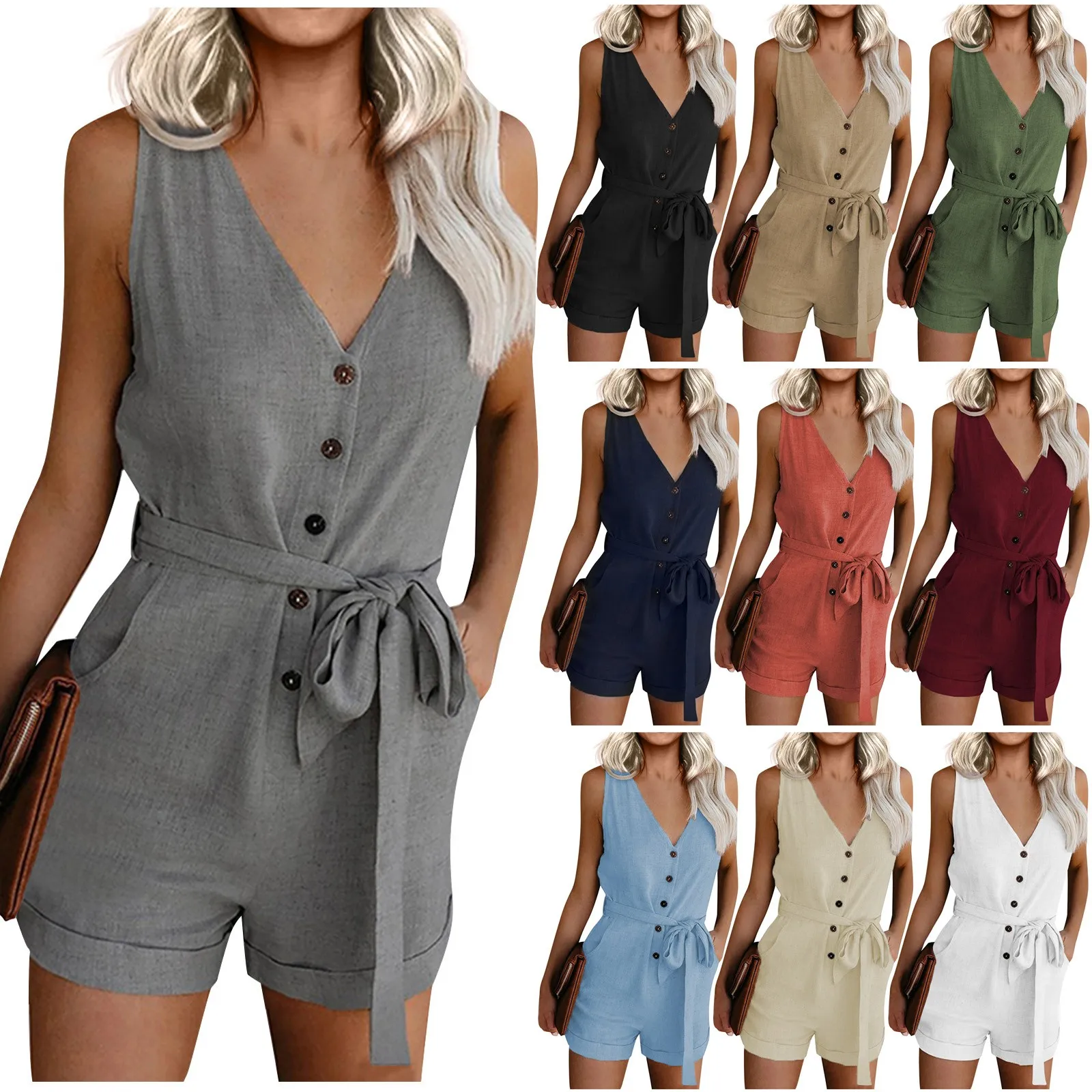 

1pcs Women's Casual V Neck Bow Pocket Sleeveless Shorts Wide Shorts Jumpsuits Rompers