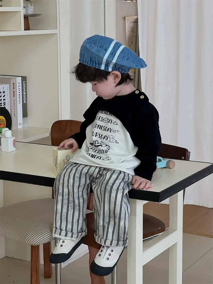 Boys Loose Letter Print Splicing Tees Versatile Toddler Clothes 2025 Spring New Baby Long Sleeve T Shirts Cotton Casual Tops
