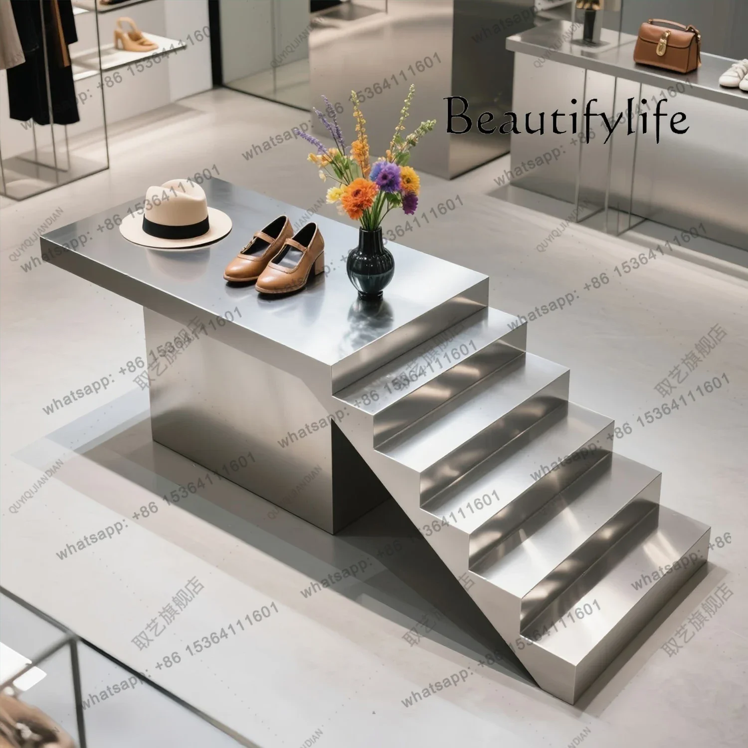 Clothing Store Stainless Steel Ladder Water Table Shoe Store Shoe Rack Middle High And Low Table Display Table Jewelry Bag Dis