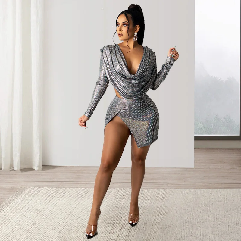

Women's Clothing Deep V-pleated Epoxy Fashion Suit Split Sleeve Suit Skirt Women