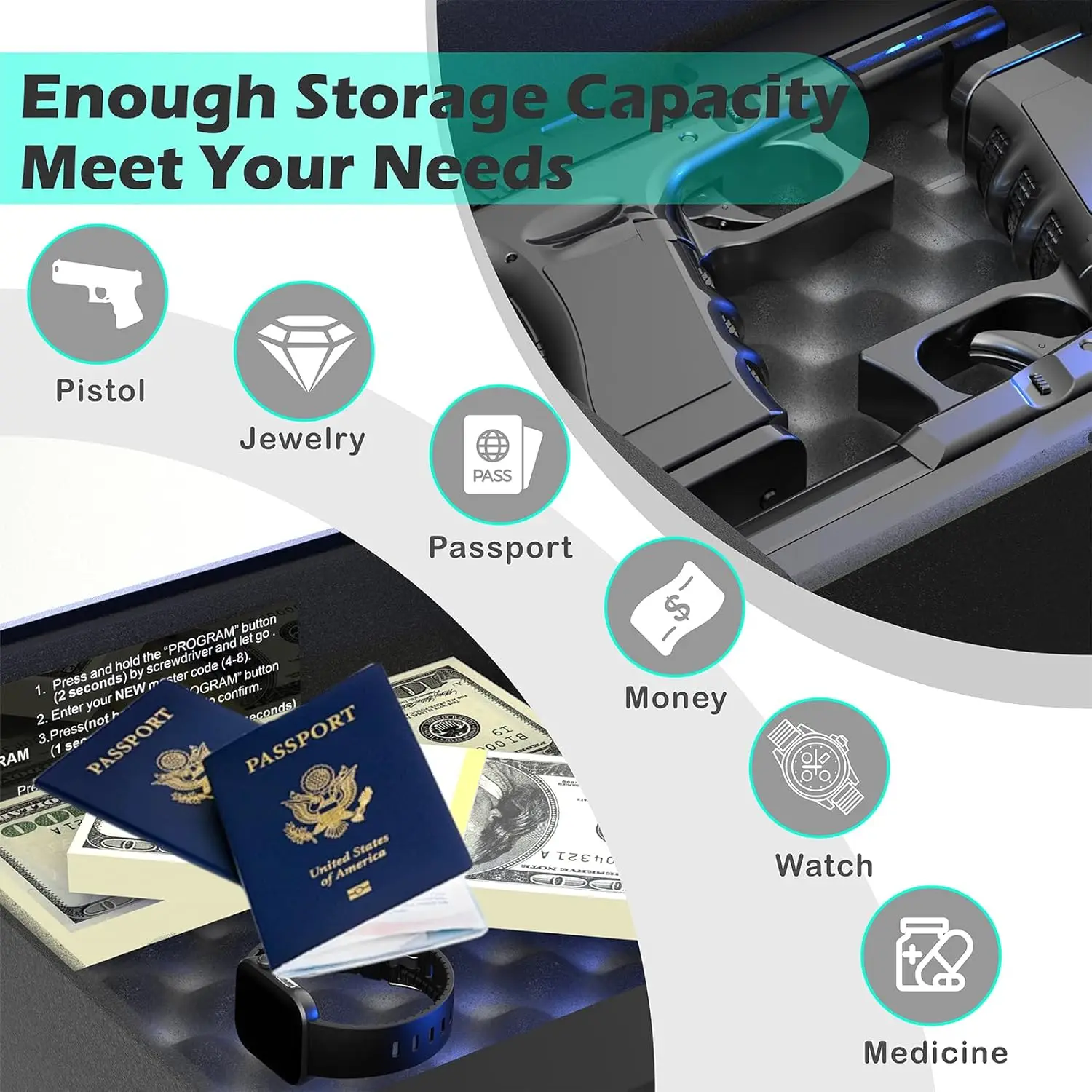 Smart Gun Safe with Security Cable - Biometric Pistol Safe for 2 Handgun 3 Ways Quick Access with Fingerprint/Keypad/Key, for Ni