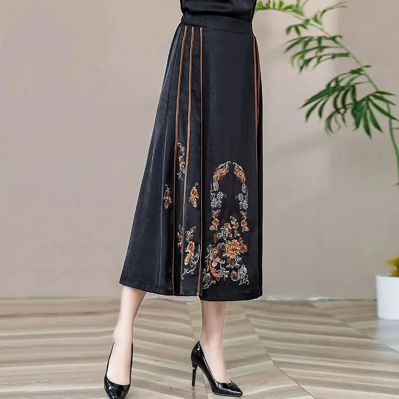 Summer Ladise Embroidery Horse Face Skirt Middle Aged Elderly Mothers High Waist Maxi Skirt Female Large Size 6XL Long Skirts