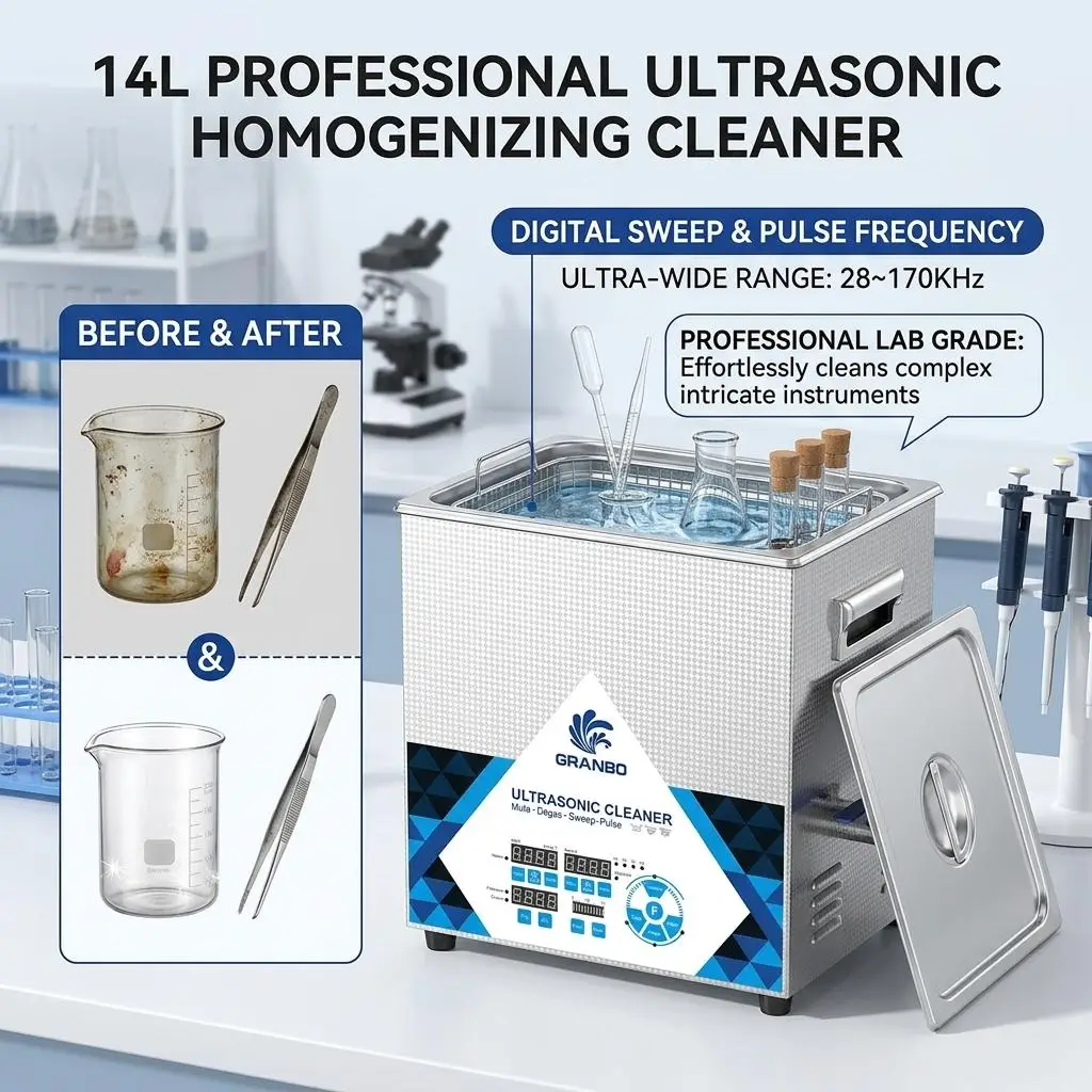 Granbo 14L Ultrasonic Cleaner 120/200KHz High-Frequency Laboratory Mixing Extraction & Emulsification Tool Parts Degreasing