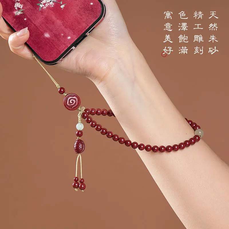 Pingente de corda pendurada cinábrio para mulheres, conteúdo estilo chinês, pérola de areia roxa natural, corrente pequena para celular
