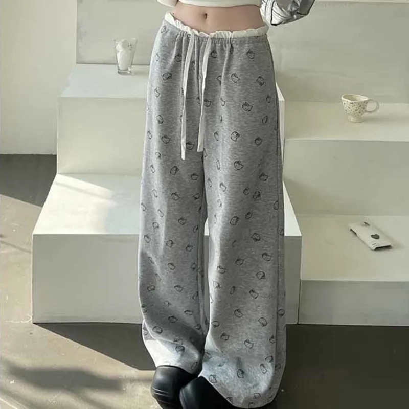 Sanrio Hello Kitty American Grey Printed Wide Leg Pants Women's Autumn Strap High Waist Casual Pants Loose Trend Straight Pants