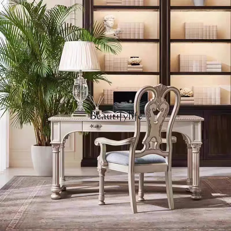 

American light luxury desk and chair European solid wood carving flower writing desk study home