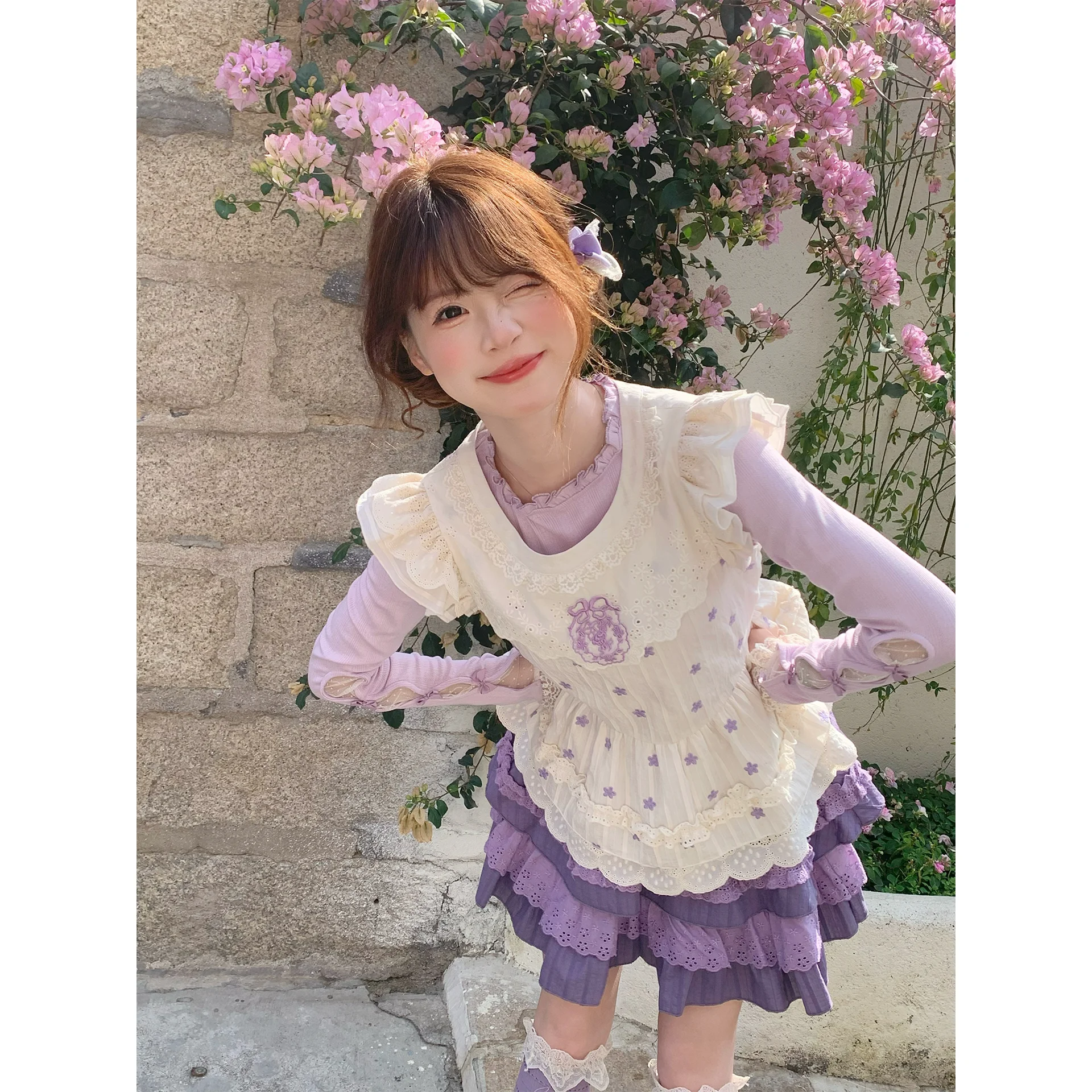 

Sweet Purple White Lolita 3 Piece Set Cute Flying Sleeve Embroidery Vest + Lace Knitted Long Sleeve Top + Tiered Cake Skirt