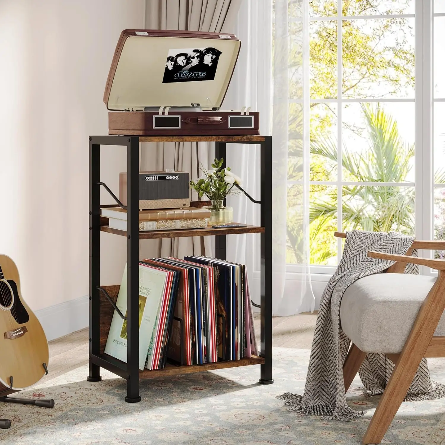 3-Tier Record Player Stand - Retro Vinyl Record Storage End Table Records for Living Room Bedroom (Rustic Brown)