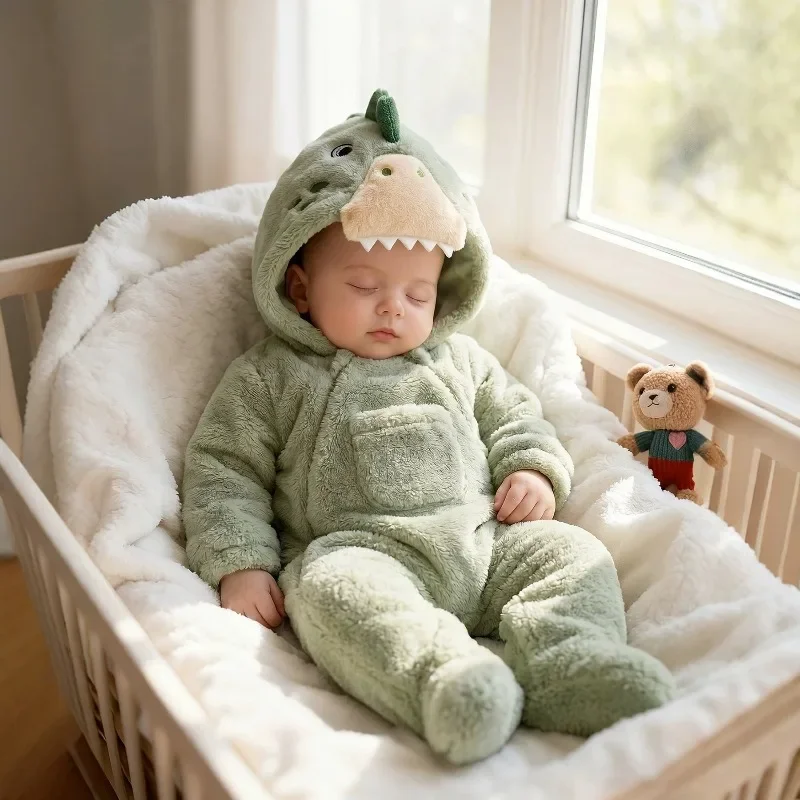 Newborn Boy Clothes Newborn Infant Baby Boy Girl Green Dino Hooded Romper Plush Fleece Toddler Outfits