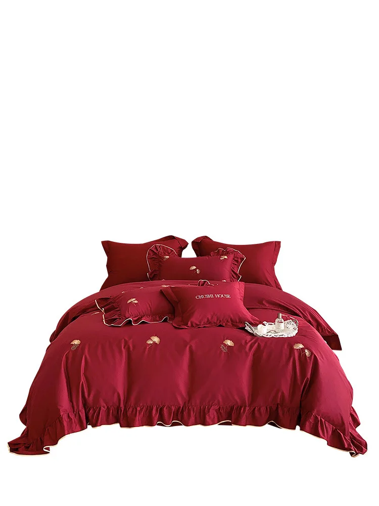 Romantic lace wedding four-piece set of pure cotton 100 Australian cotton red festive quilt cover wedding