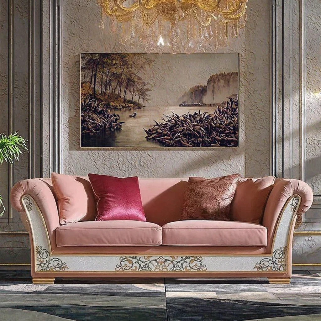 #French Style Pink Classic Wooden Sofa Bed Luxury Gold Decor Hand Carved Villa Living Room Furniture for Apartment Use