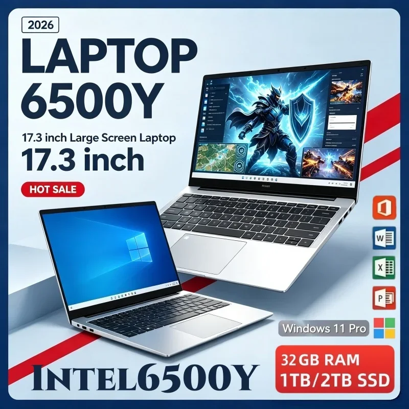 17.3 Inch Intel 6500Y Large Screen Laptop 16/32GB RAM High Speed Windows11 1/2TB BIG SSD Portable Laptop Office Study