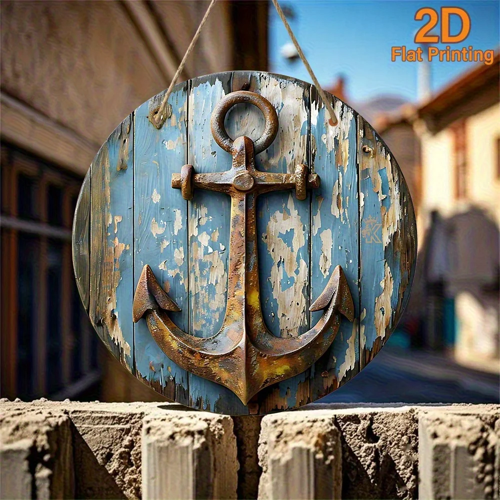 2D Flat, 2D Flat 2D Plane, 1pc Vintage Nautical Anchor Wall Decor - Round Faux Wood Hanging Sign with Pre-drilled Holes, Rustic
