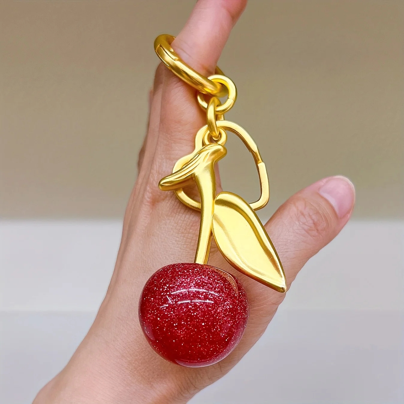 Exquisite Rose Red Cherry Fruit Bag Charm Keychain  Key Ring for Elegant Women Backpack Purse Pendant