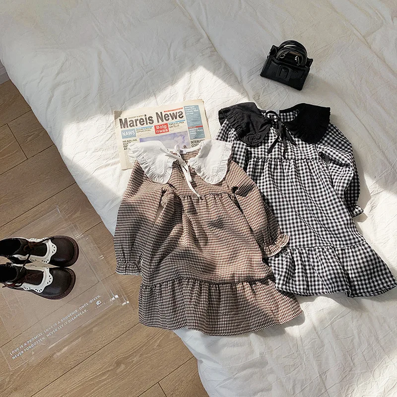 New Spring Girls Turn-down Collar Plaid Dress Children\'s Clothing Kids Cotton Long Style Princess Dress Baby Girls Clothes