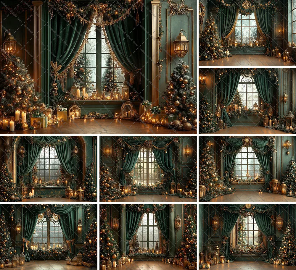 mehofond-fotografia-fundo-natal-cortina-verde-janela-glitter-arvore-de-natal-criancas-familia-retrato-decoracao-pano-de-fundo-foto-studi