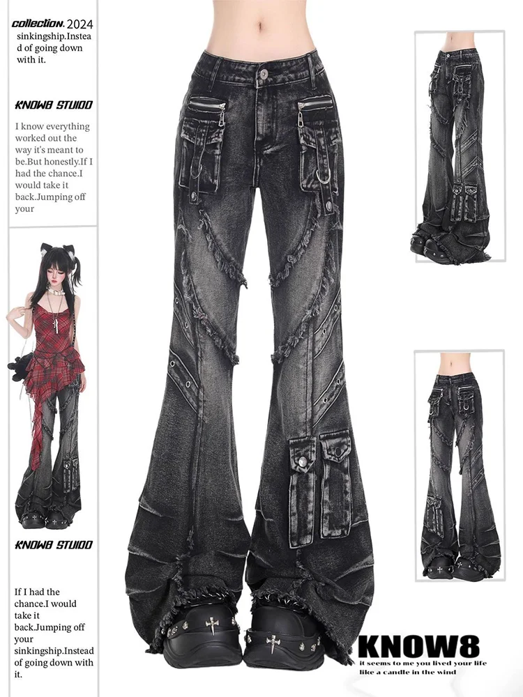 Women's Black Gothic Cargo Baggy Jeans Y2K American High Street 2000S Harajuku Aesthetic Vintage Jeans Pants Trousers Clothing