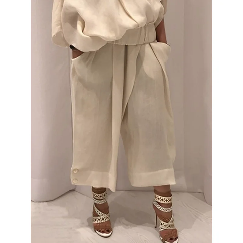 Krisnanas Autumn Women Casual Creamy Suits New Irregularity Loose Hollow Cold Shoulder Tops Buttoned Wide Leg Loose Trousers