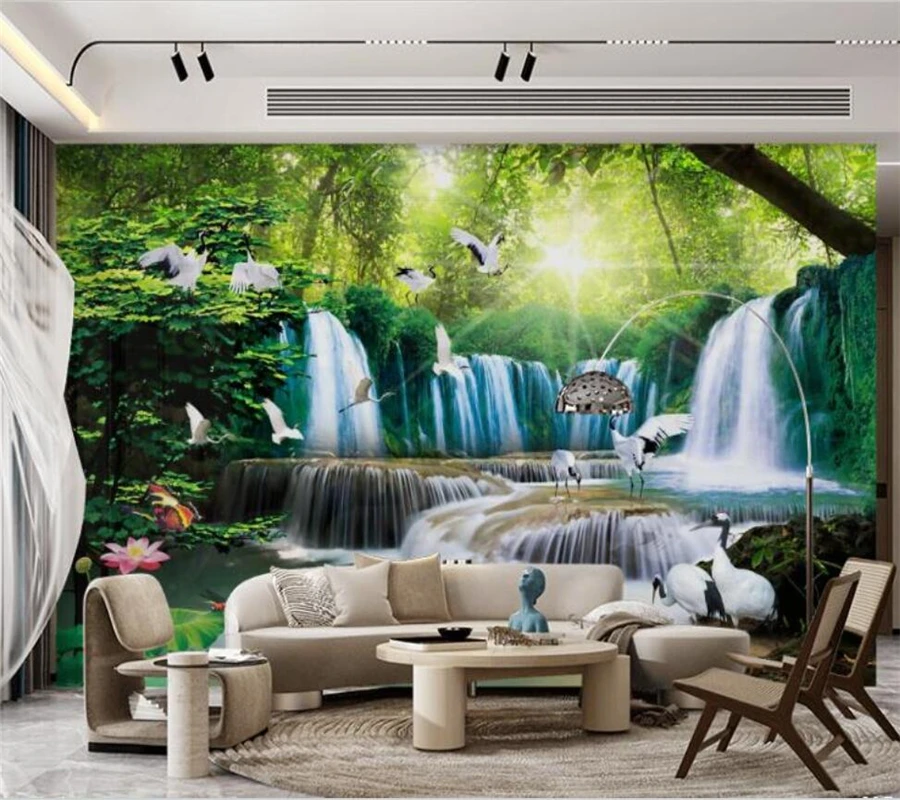 Custom wallpaper 3d lotus waterfall flowing water to make money landscape painting living room bedroom background wall decoratio