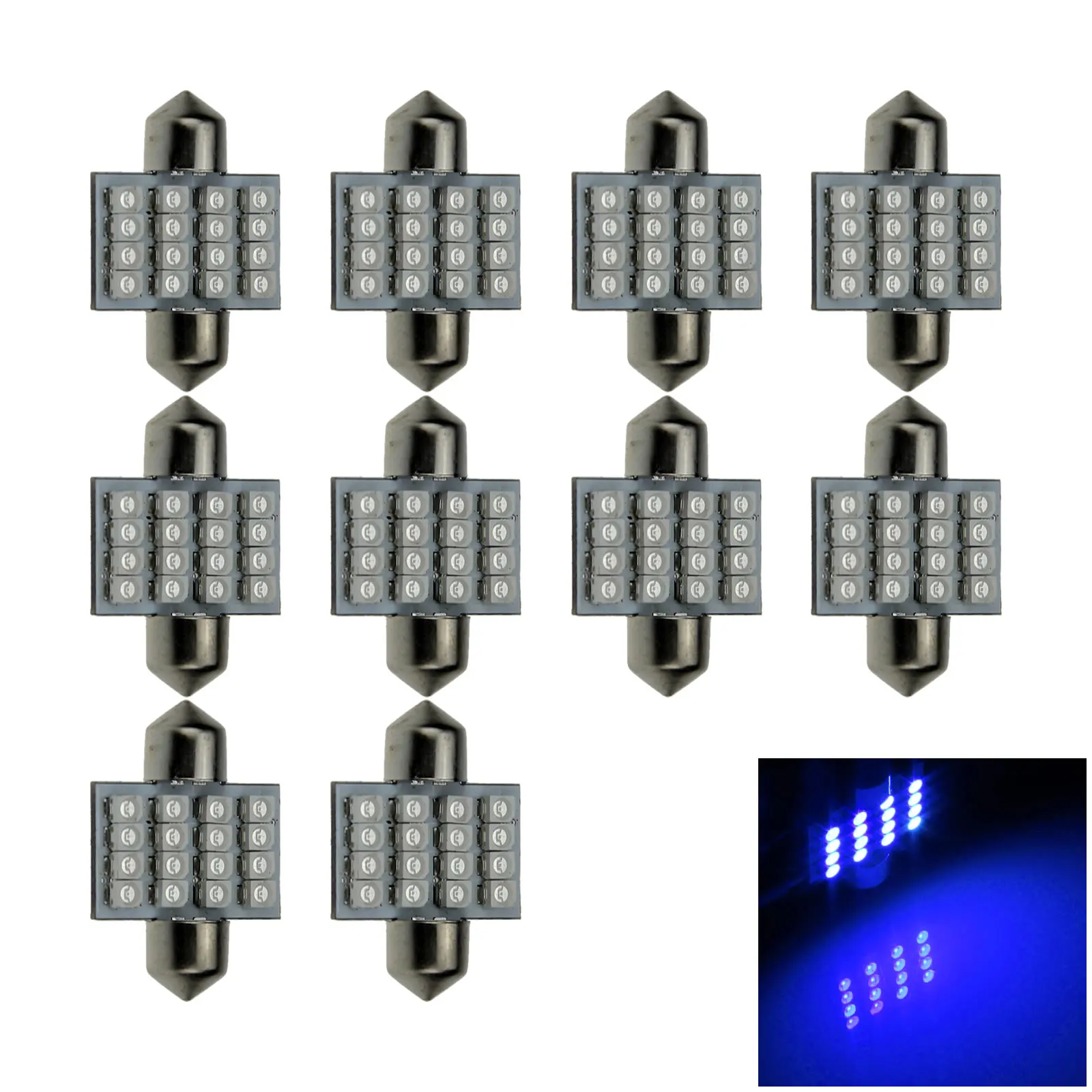 10x Blue Car 31MM Festoon Light Internal Blub 16 Emitters 1210 SMD LED 3021 I009-B