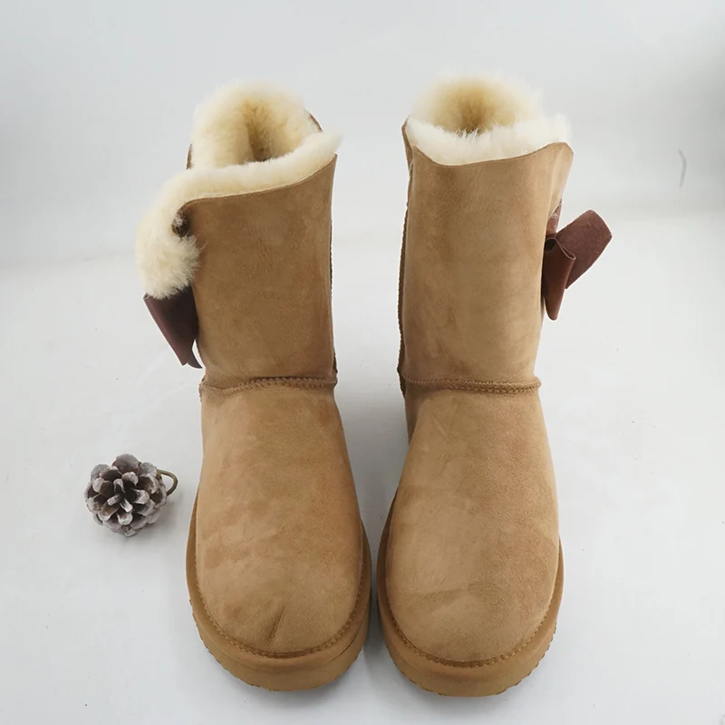 Moda laço botas de neve de pele natural novos sapatos femininos pele de carneiro genuína pele real 100% lã inverno meados de bezerro botas de neve