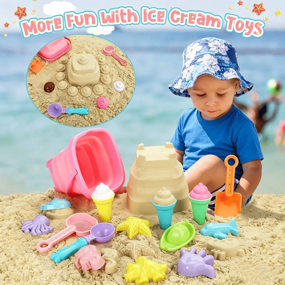 Set De 19 Juguetes De Playa Para Niños Con Cubo, Pala, Moldes Y Carrito – Incluye Bolsa