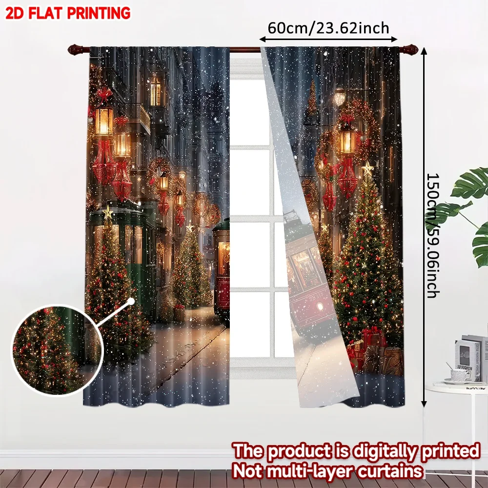 2D flat printing 2pcs Christmas Curtains Christmas Night Street Scene Digital Printed Polyester Drapes Birthday Party Perfect