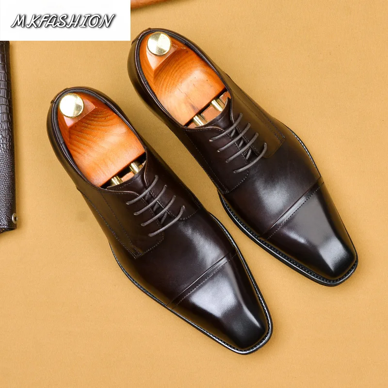 Men's Formal Business Cowhide Genuine Leather Shoes Square Toe Lace Up Wedding Shoes
