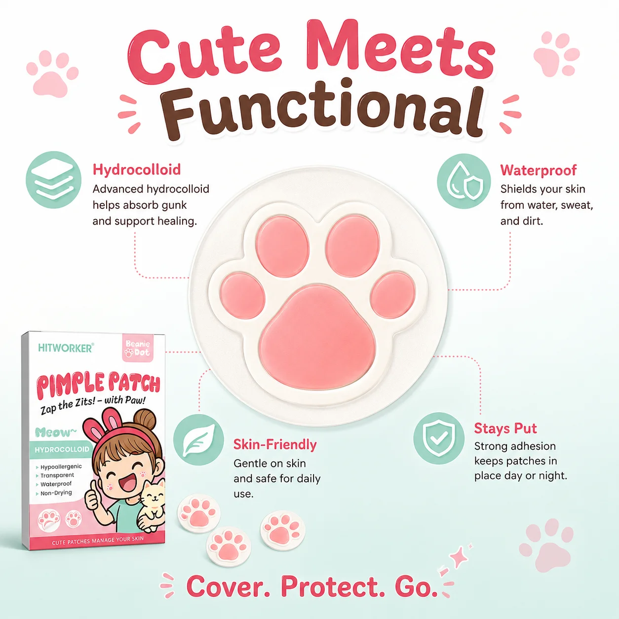 108PCS Hydrocolloid Pimple Patches for Face, Cute Paw Print Blemish Cover Stickers, Mixed Size Facial Spot Patches