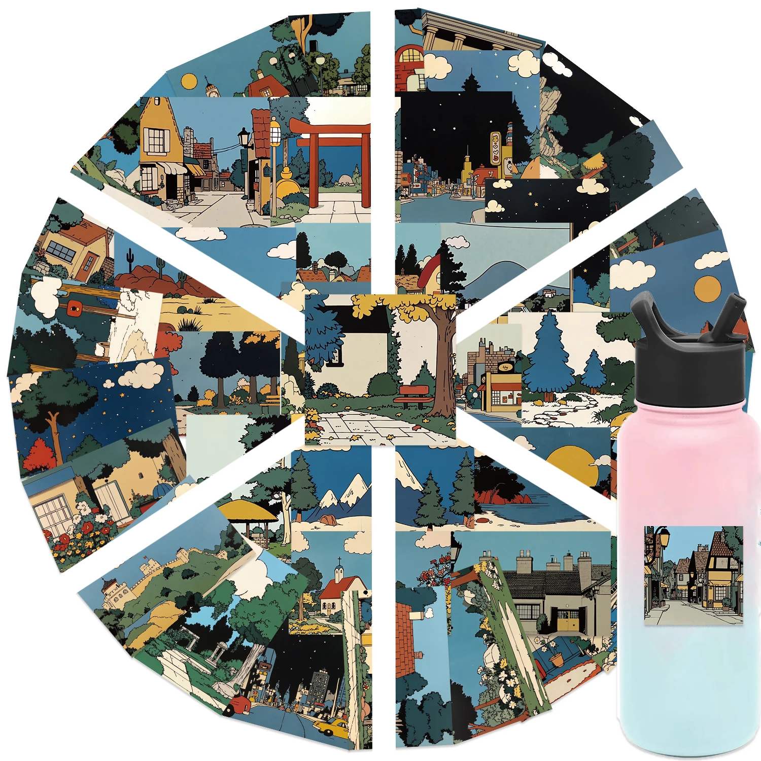 50PCS Retro Cartoon Landscape Graffiti Stickers For Laptop Guitar Luggage Bike Skateboard Waterproof Sticker Decal Toy