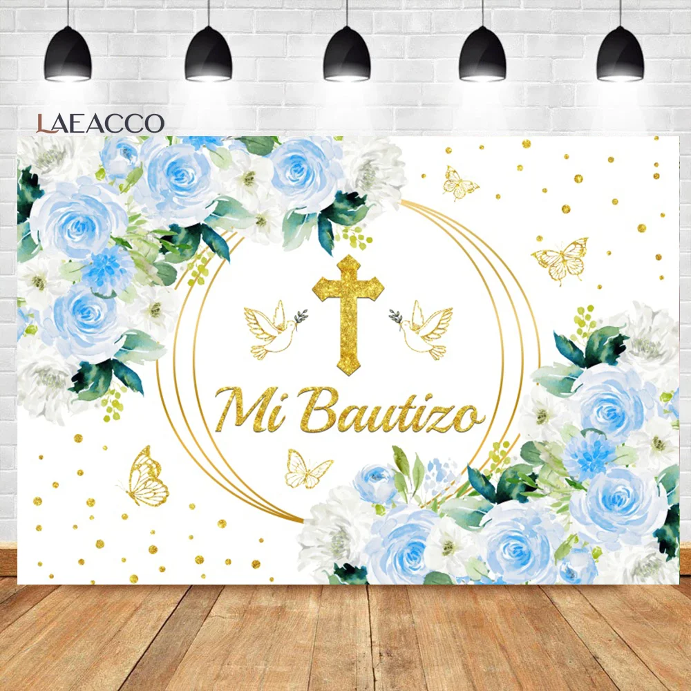 Laeacco Mi Bautizo Baptism Backdrop God Bless Blue Floral Glitter Gold Dots Butterfly Kid Portrait Custom Photography Background