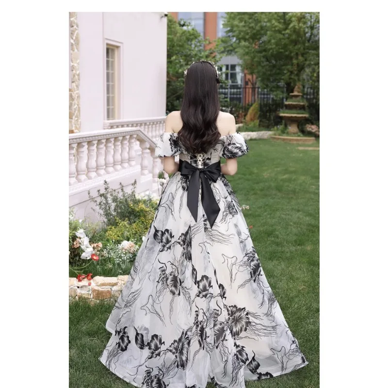 قبالة الكتف فقاعة كم مأدبة اللباس الرجعية الحبر اللوحة تنورة طويلة فستان الأميرة الأخوات حزب اللباس مزاجه أنيقة