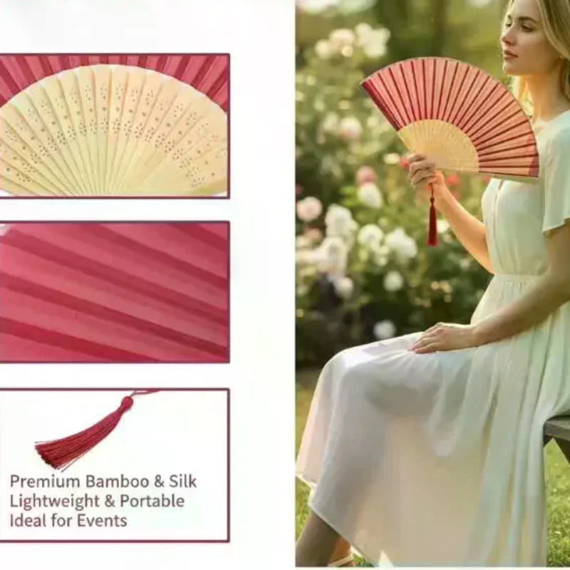 Chinese Style Folding Fan Wear Resist With Organza Bag Bamboo Hand Fan With Tassel Cooling Tool Silk Hand Fan Party Decoration