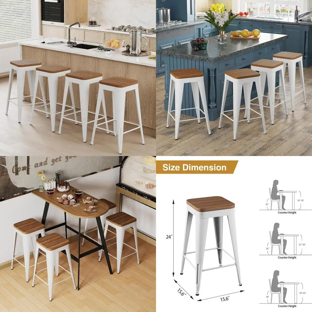 Modern Metal Bar Stools Set of 4, Counter Height 24 Inch, Black, Wooden Seat, Backless Chairs for Bar and Kitchen Counter