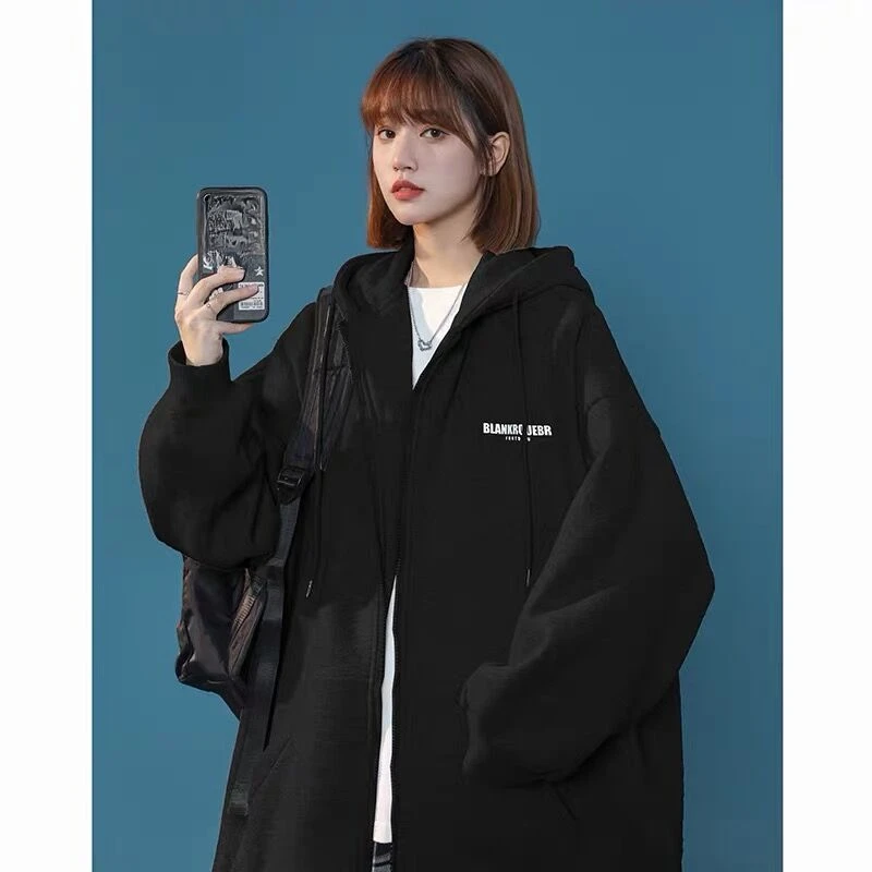 Autumn winter Fleece warm Hoodie Fashion Hooded Sweatshirts Long Sleeve Top letter print Pockets oversized Zipper purple Hoodies