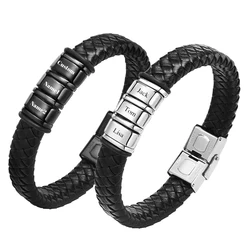 Custom Men Name Bracelets with 2-6 Names Engraved Personalized Leather Braid Bracelets with Family Names Gifts for Dad Father