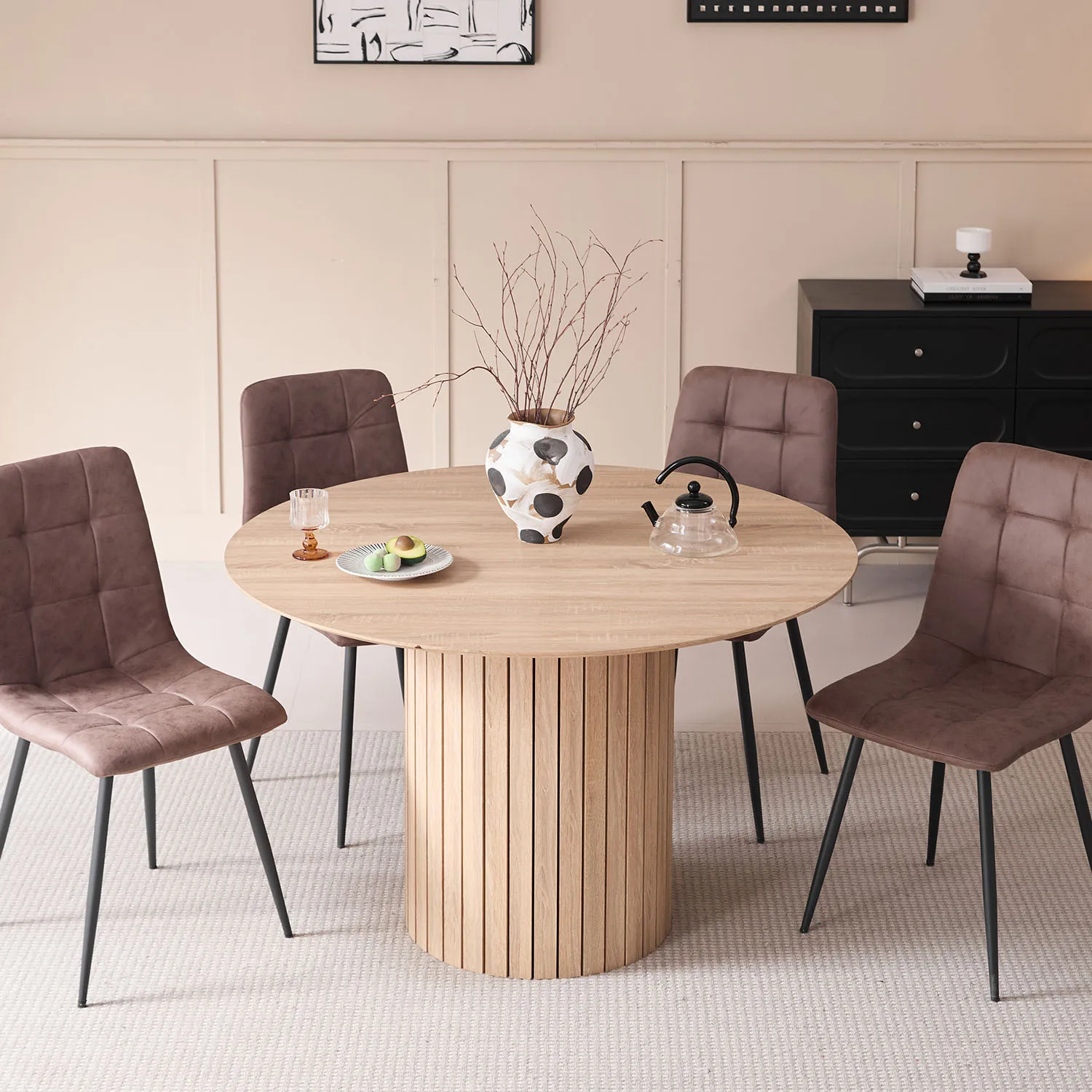 Table à manger ronde minimaliste moderne avec base cylindrique à lattes, pour 4 à 6 personnes, pour cuisine, salle à manger et espace de vie
