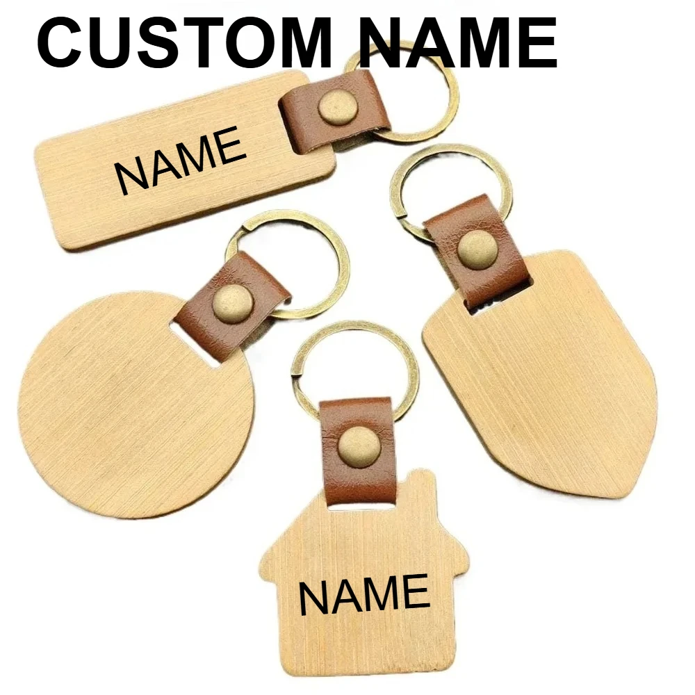 

Shield House Circle Rectangle Keyring Key Chain Ring Custom Logo Name Wood Leather Keychain Individualization Originality Gift