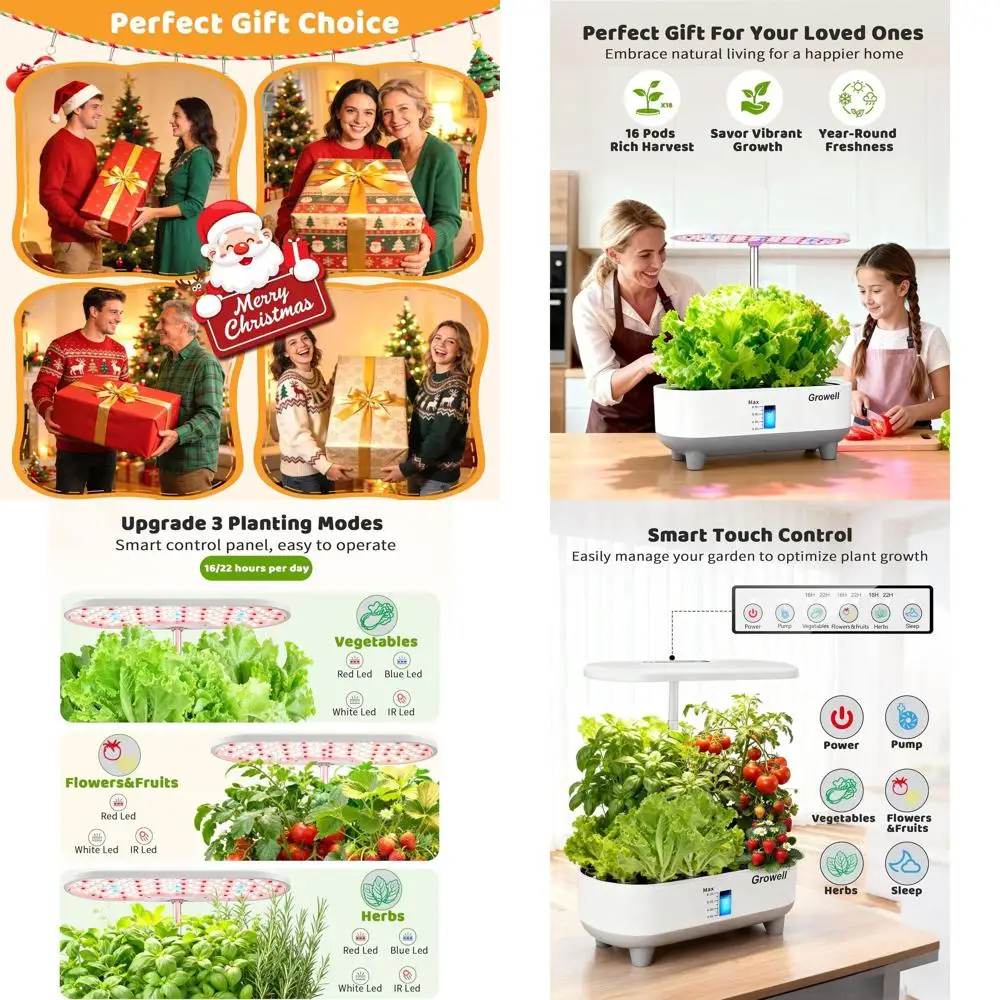 

Гидропонная система для выращивания растений в помещении на 16 капсул с баком 8 л, LED-подсветкой, интеллектуальным контролем потока воды, 3 режимами и 2 таймерами